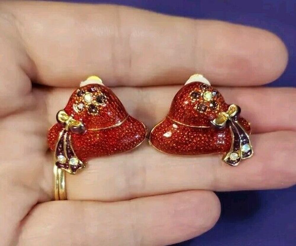 Red Hat Clip On Earrings, Red & Purple Enamel Aurora Borealis Crystals Gold Tone
